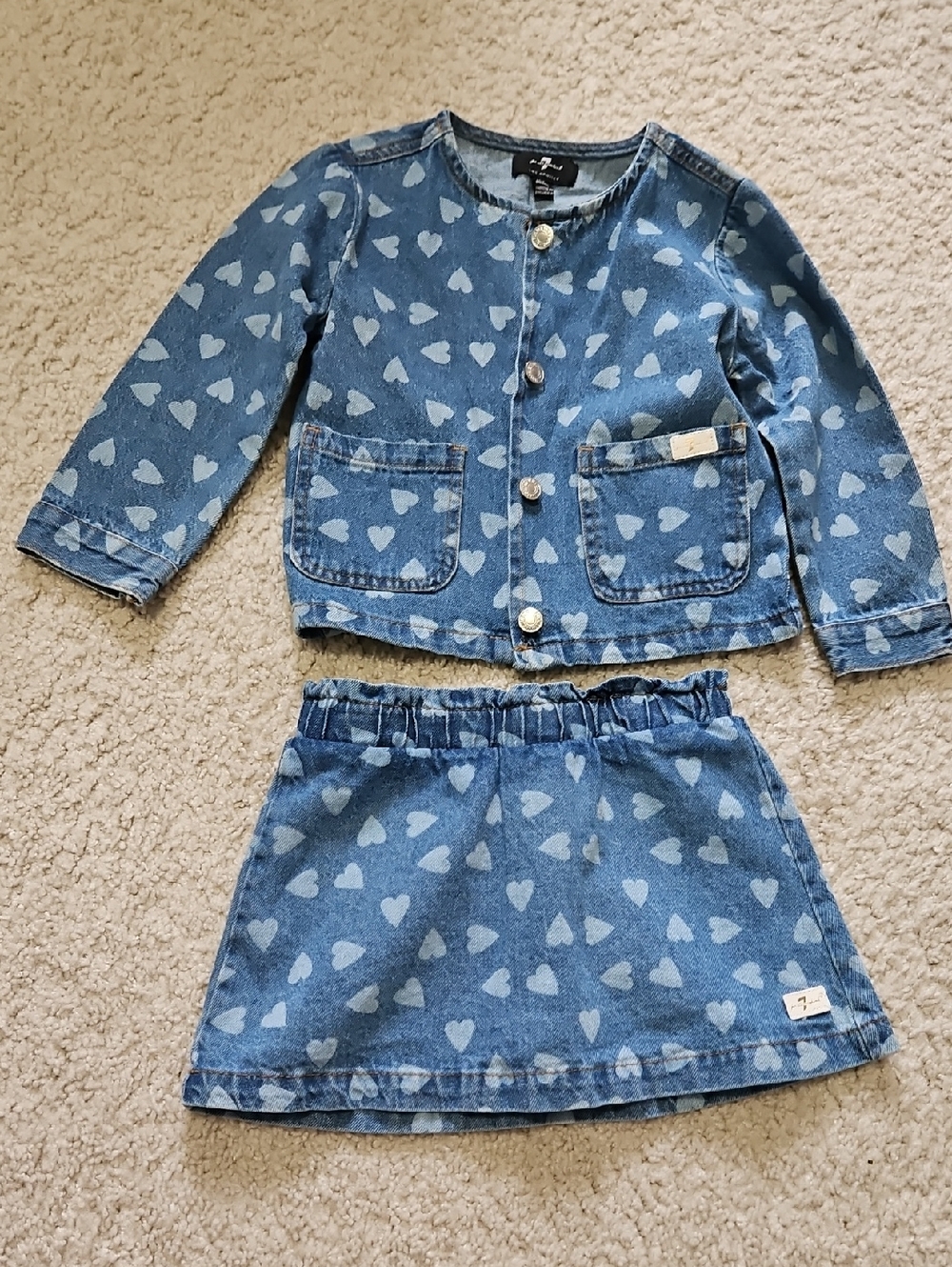 7 For All Mankind Blue Heart Print Denim Jacket & Skort Set